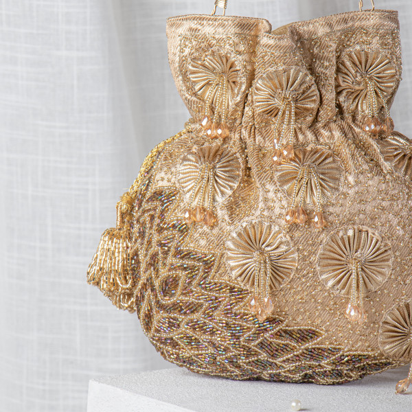 Dull Gold Gota & Cutdana Tissue Potli Bag