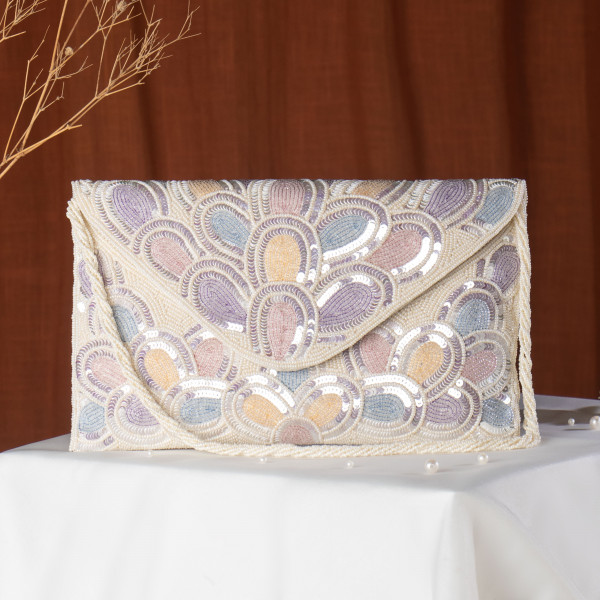 Off White Glamorous & Detailed Scalloped Sequin Clutch Bag - Silver & Pastel