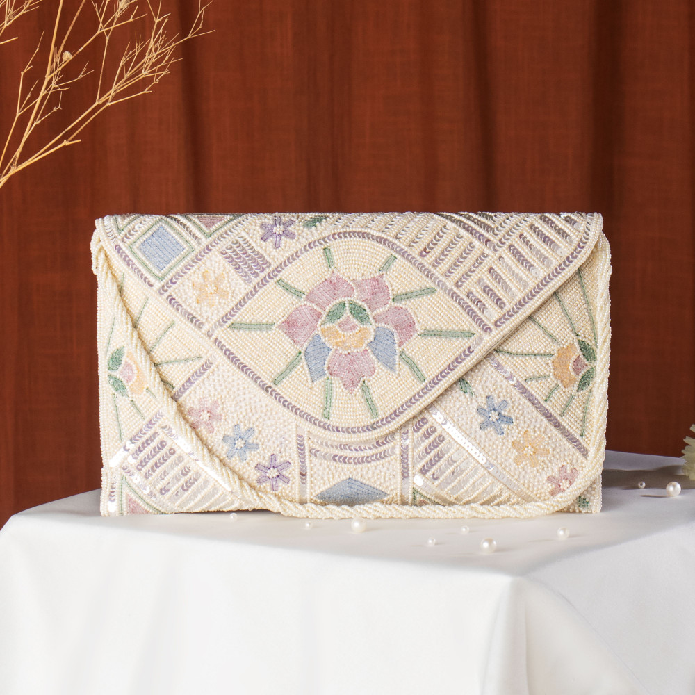 Image of Off White Hand-Embroidered Geometric Beaded Clutch Bag - Ivory &amp; Pastel Floral