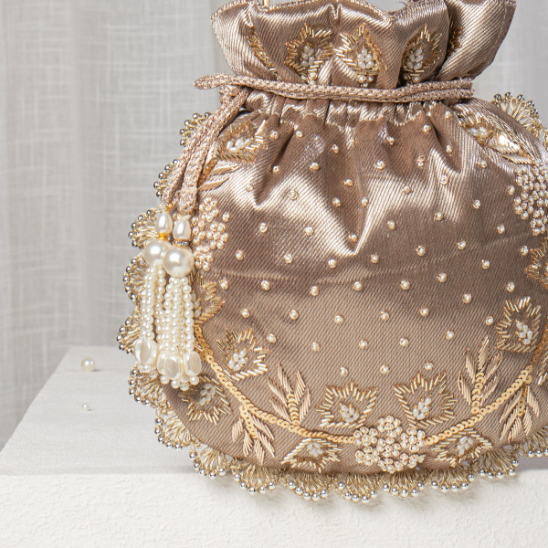 Antique Gold Metallic Tissue Zardosi Embroidered Potli Bag with Pearl Handle & Scalloped Border
