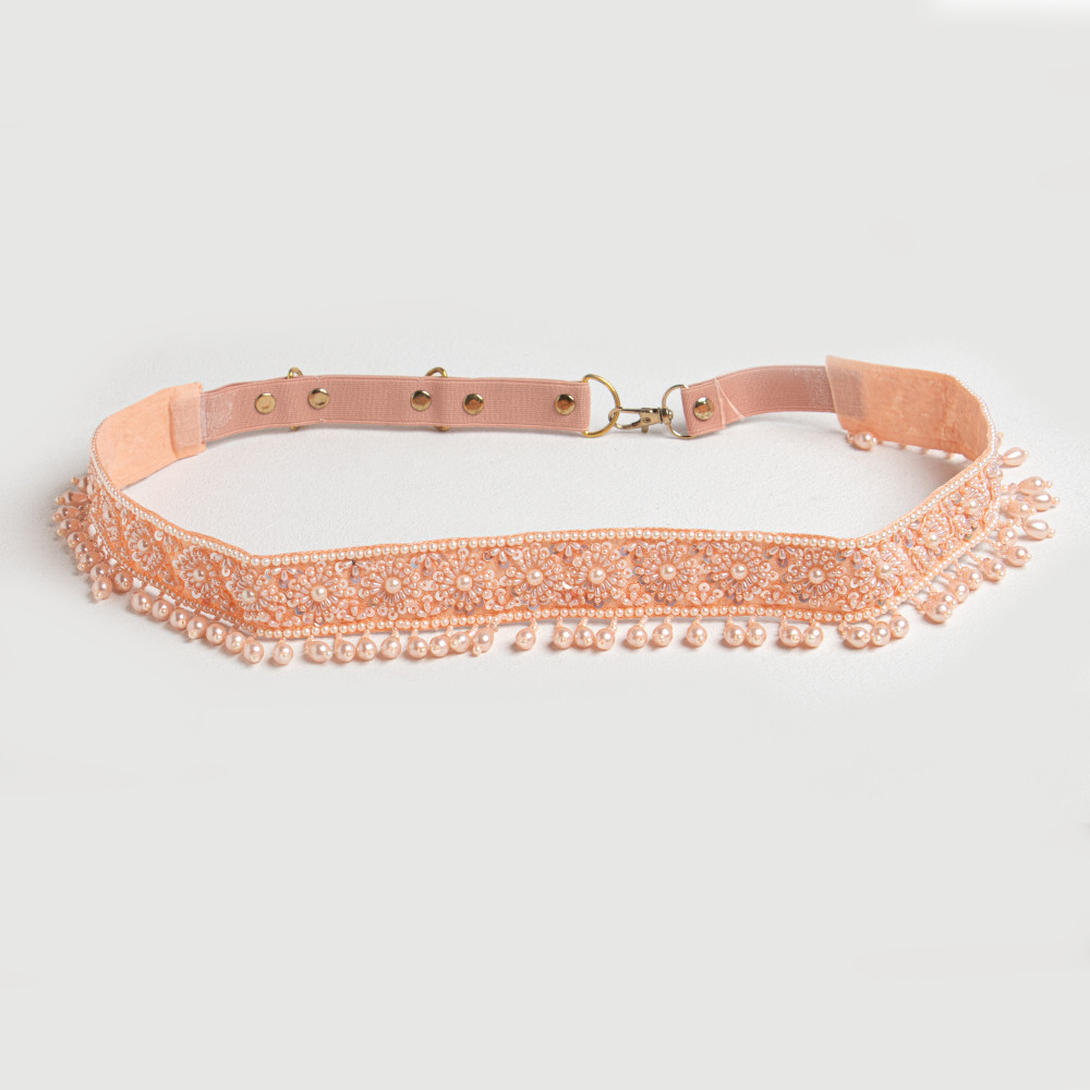 Image of Peach Beaded &amp; Sequin Embroidered Waist Belt for Women | Handcrafted Designer Belt with Pearl Danglers for Sarees &amp; Lehengas