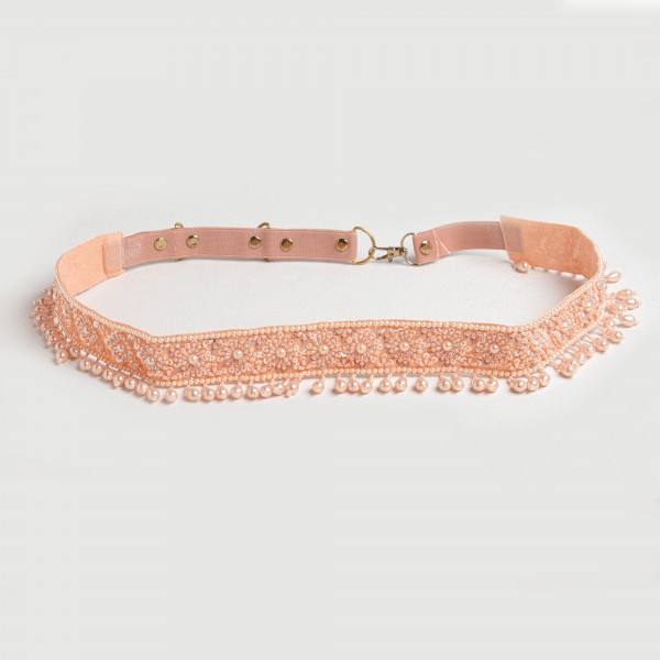 Peach Beaded & Sequin Embroidered Waist Belt for Women | Handcrafted Designer Belt with Pearl Danglers for Sarees & Lehengas