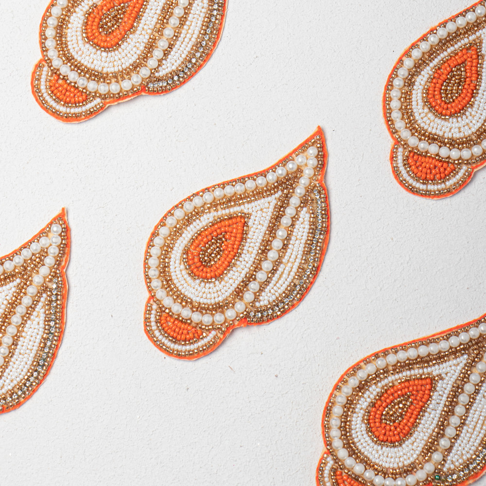 Image of Orange Beaded Paisley Patch | Handcrafted Pearl &amp; Golden Bead Applique | Traditional Embroidery Patch for Blouses, Sarees &amp; Craft Work | 13.6 × 8.5 cm(SET OF 6)