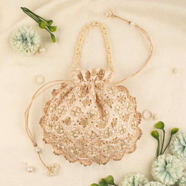 Indian Hand Crafted Zardozi Work Potli Bag With Beaded Chain For Women|| Evening Bags|| Embroidery Handbag