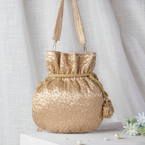 Dull Gold Gota & Cutdana Tissue Potli Bag