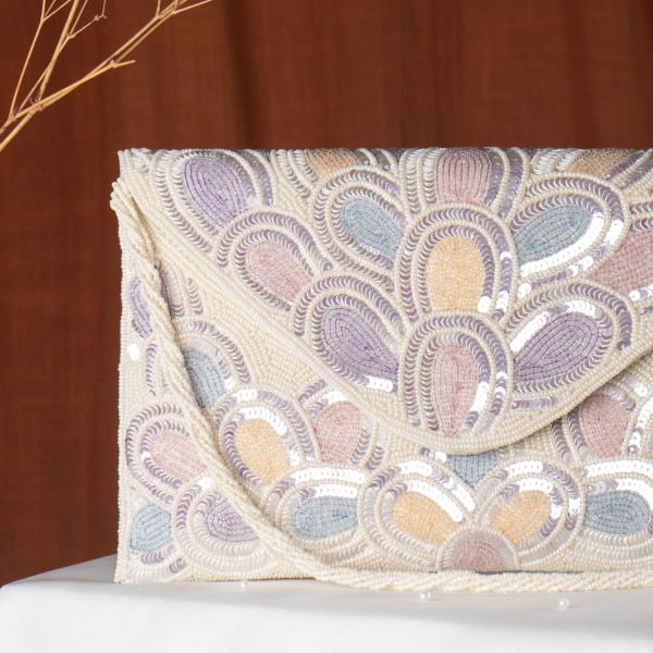 Off White Glamorous & Detailed Scalloped Sequin Clutch Bag - Silver & Pastel