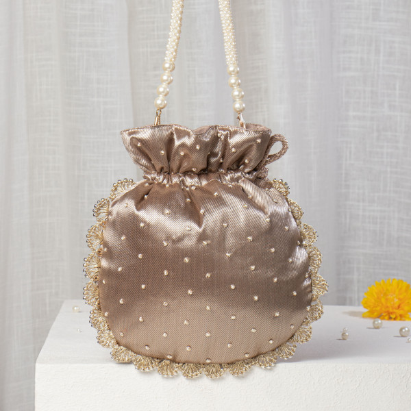 Antique Gold Metallic Tissue Zardosi Embroidered Potli Bag with Pearl Handle & Scalloped Border