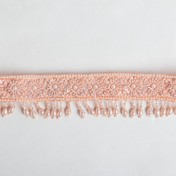 Peach Beaded & Sequin Embroidered Waist Belt for Women | Handcrafted Designer Belt with Pearl Danglers for Sarees & Lehengas