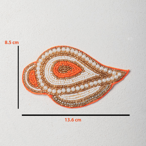 Orange Beaded Paisley Patch | Handcrafted Pearl & Golden Bead Applique | Traditional Embroidery Patch for Blouses, Sarees & Craft Work | 13.6 × 8.5 cm(SET OF 6)