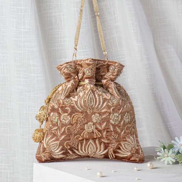 Mocha Brown Zardozi Embroidered Velvet Lotus Potli Bag