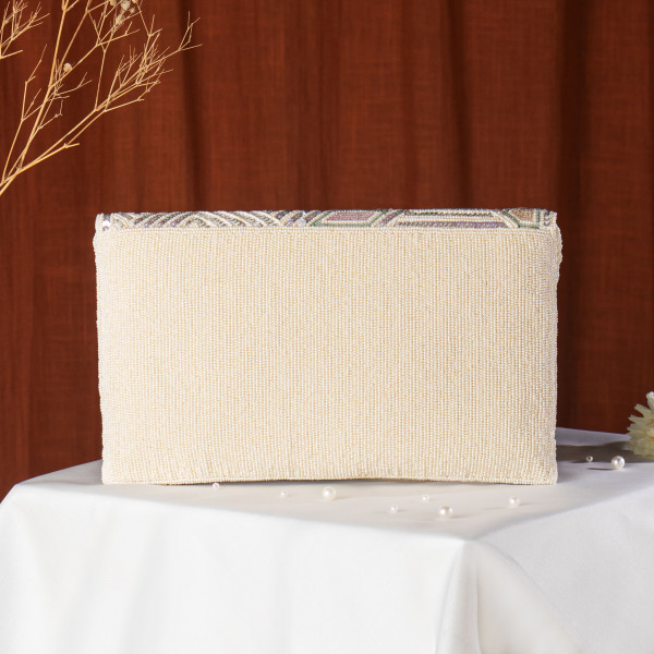 Off White Hand-Embroidered Geometric Beaded Clutch Bag - Ivory & Pastel Floral