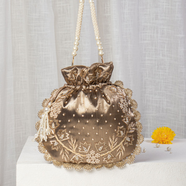 Dark Antique Gold Metallic Tissue Zardosi Embroidered Potli Bag with Pearl Handle & Scalloped Border
