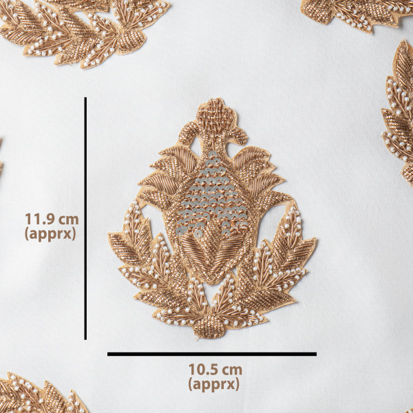 Handcrafted Zardozi, Sequin & Bead Embroidered Decorative Applique Patch – Luxurious Traditional Leaf Motif for Couture & Festive Wear | 11.9 cm × 10.5 cm