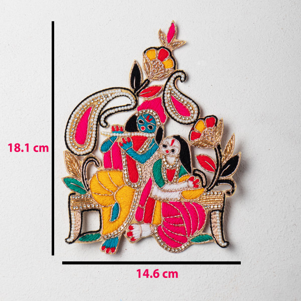 Radha Krishna Embroidery Patch | Divine Multicolor Zardosi & Thread Work Applique | Spiritual Decorative Motif for Blouses, Sarees & Pooja Decorations | 18.1 × 14.6 cm