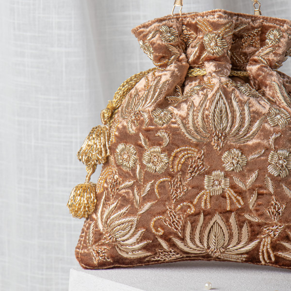 Mocha Brown Zardozi Embroidered Velvet Lotus Potli Bag