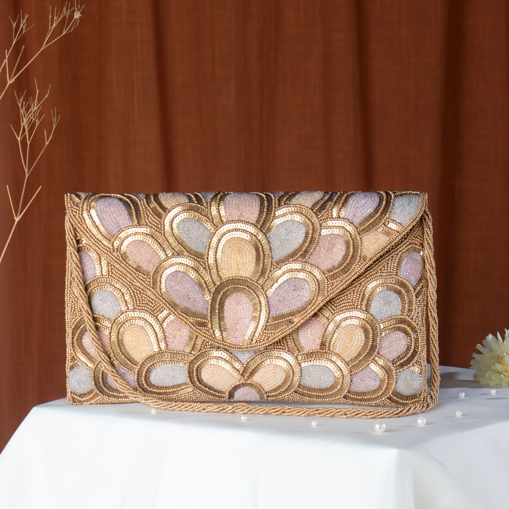 Image of Copper Glamorous &amp; Detailed Scalloped Sequin Clutch Bag - Gold &amp; Pastel