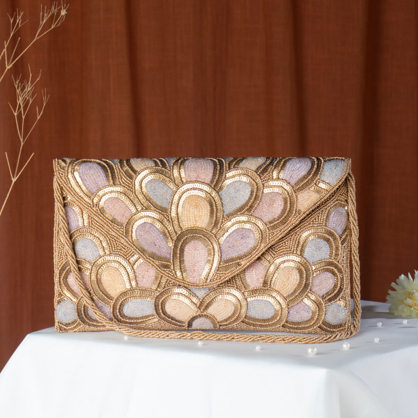 Copper Glamorous & Detailed Scalloped Sequin Clutch Bag - Gold & Pastel