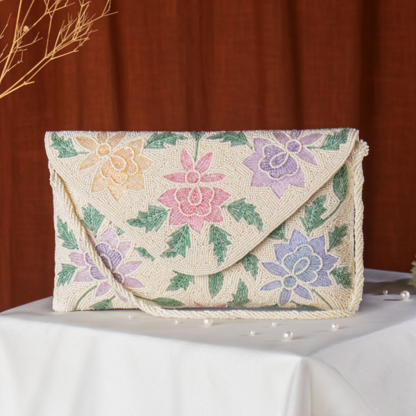 Off White Embellished Evening Clutch Bag with Chain Strap