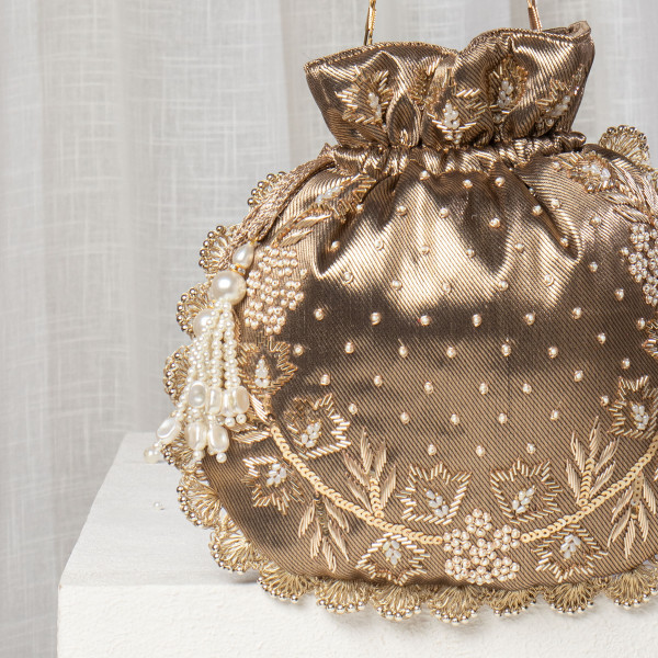 Dark Antique Gold Metallic Tissue Zardosi Embroidered Potli Bag with Pearl Handle & Scalloped Border