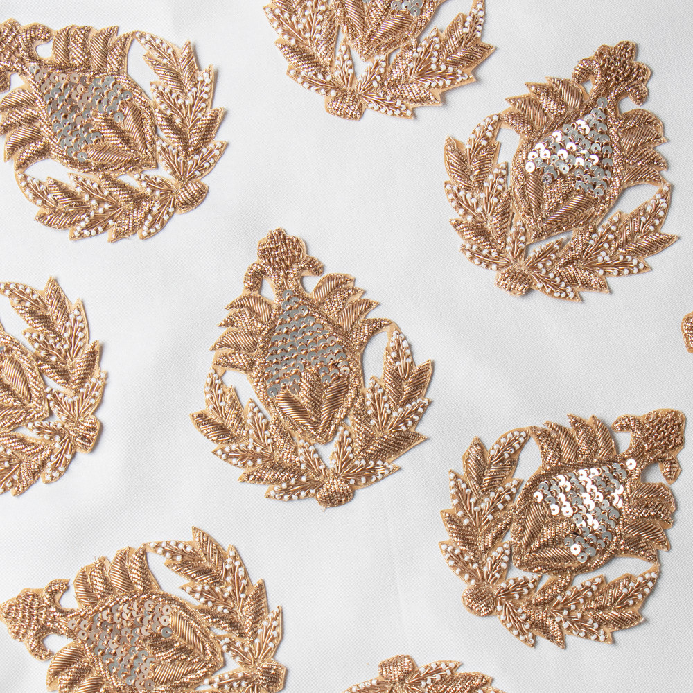 Image of Handcrafted Zardozi, Sequin &amp; Bead Embroidered Decorative Applique Patch – Luxurious Traditional Leaf Motif for Couture &amp; Festive Wear | 11.9 cm × 10.5 cm