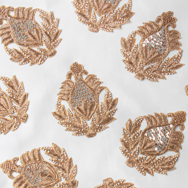 Handcrafted Zardozi, Sequin & Bead Embroidered Decorative Applique Patch – Luxurious Traditional Leaf Motif for Couture & Festive Wear | 11.9 cm × 10.5 cm