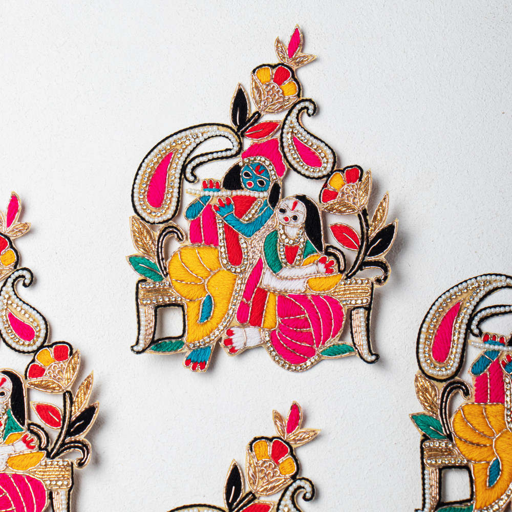 Image of Radha Krishna Embroidery Patch | Divine Multicolor Zardosi &amp; Thread Work Applique | Spiritual Decorative Motif for Blouses, Sarees &amp; Pooja Decorations | 18.1 × 14.6 cm