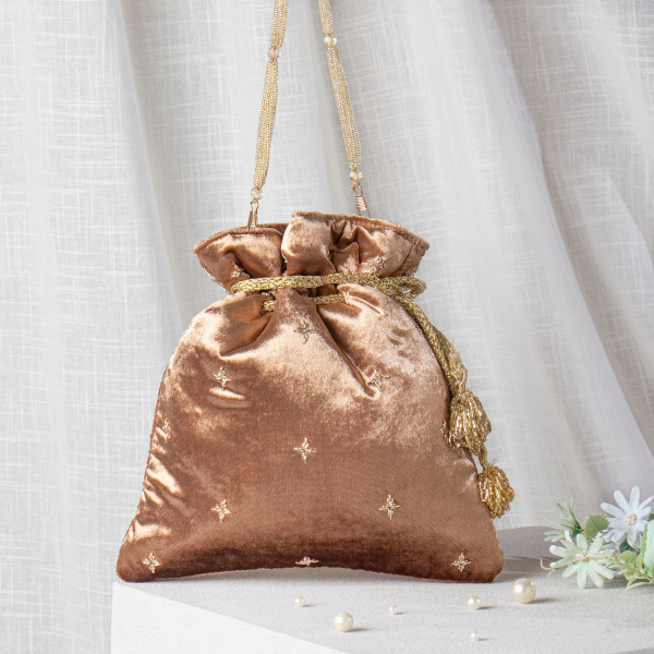 Mocha Brown Zardozi Embroidered Velvet Lotus Potli Bag