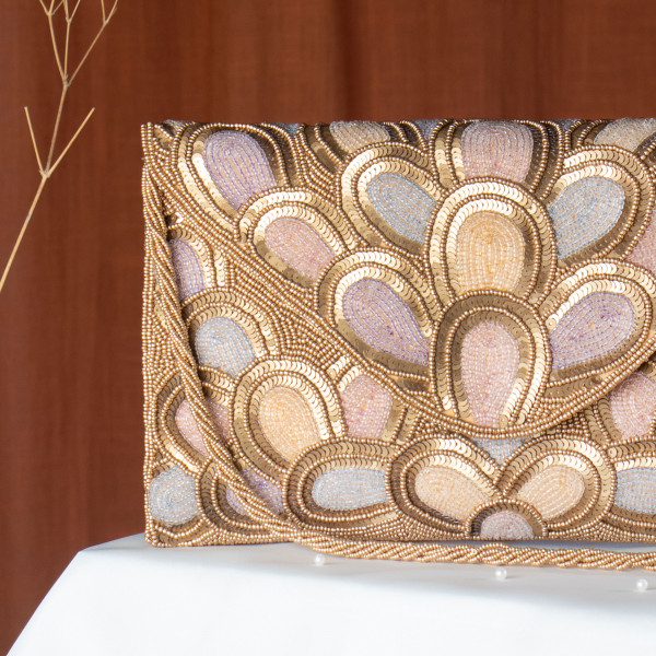 Copper Glamorous & Detailed Scalloped Sequin Clutch Bag - Gold & Pastel