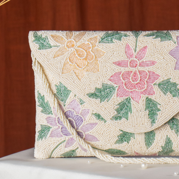 Off White Embellished Evening Clutch Bag with Chain Strap