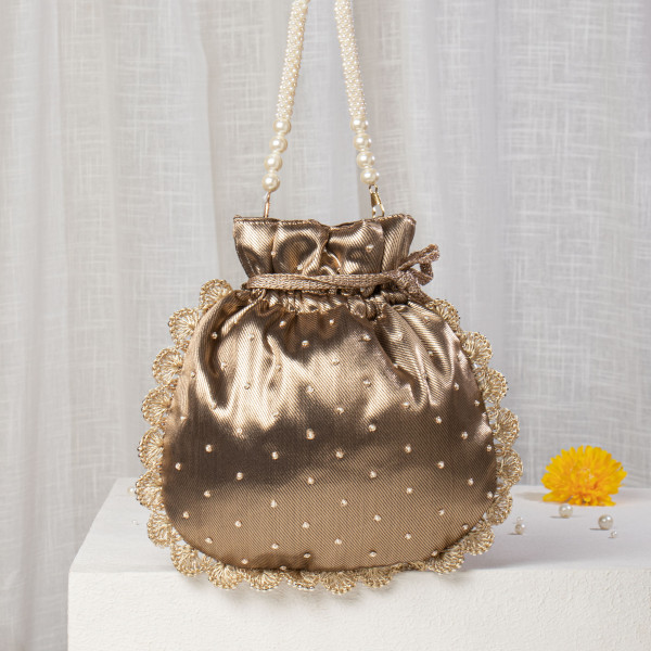 Dark Antique Gold Metallic Tissue Zardosi Embroidered Potli Bag with Pearl Handle & Scalloped Border
