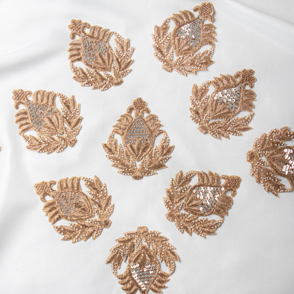 Handcrafted Zardozi, Sequin & Bead Embroidered Decorative Applique Patch – Luxurious Traditional Leaf Motif for Couture & Festive Wear | 11.9 cm × 10.5 cm