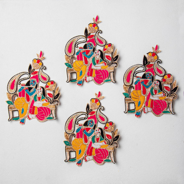 Radha Krishna Embroidery Patch | Divine Multicolor Zardosi & Thread Work Applique | Spiritual Decorative Motif for Blouses, Sarees & Pooja Decorations | 18.1 × 14.6 cm