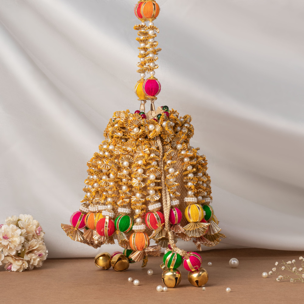 Image of Kaccha Gota Tassel Hanging Bucket Potli Bag