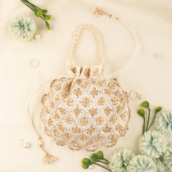 Indian Hand Crafted Zardozi Work Potli Bag With Beaded Chain For Women|| Evening Bags|| Embroidery Handbag
