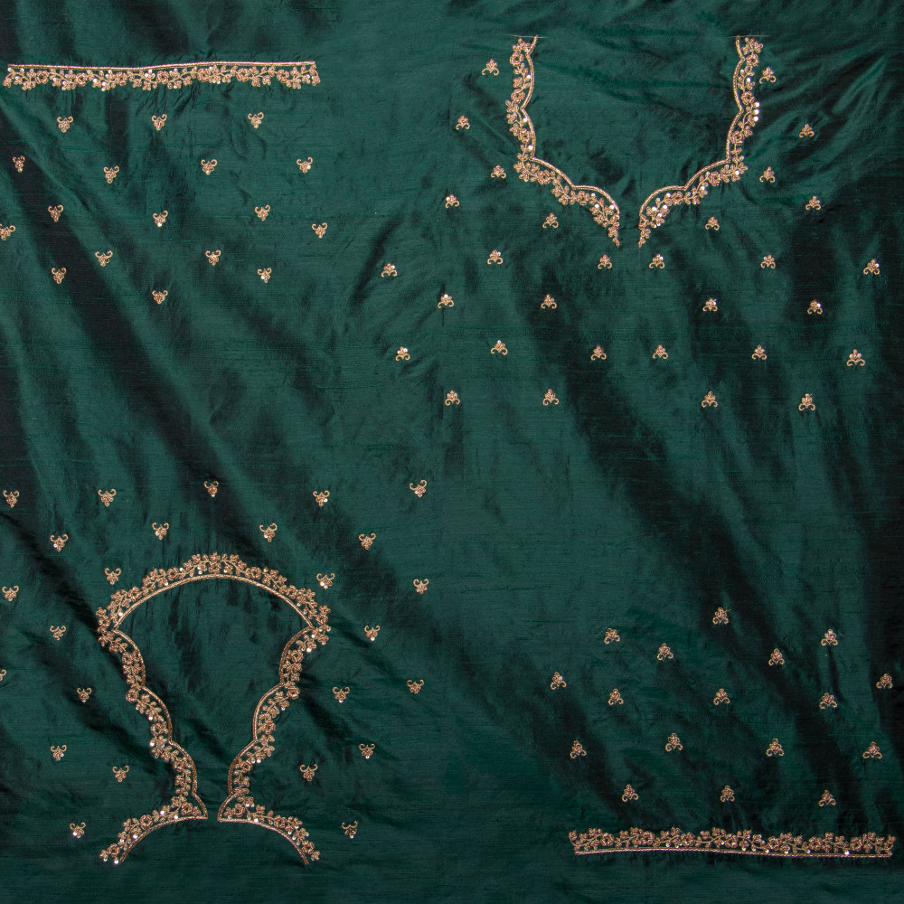 Image of Bottle Green Silk Blouse Fabric with Hand Zardozi Embroidery (1 Meter)