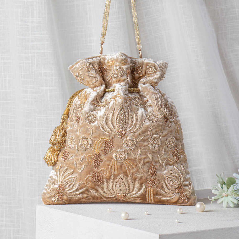 Image of Golden Zardozi Embroidered Velvet Lotus Potli Bag