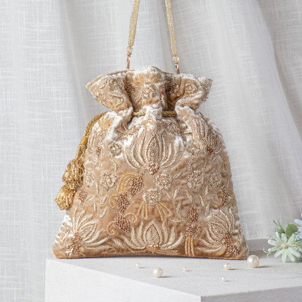 Golden Zardozi Embroidered Velvet Lotus Potli Bag