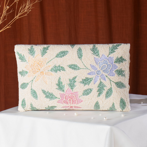 Off White Embellished Evening Clutch Bag with Chain Strap