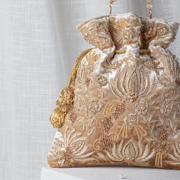 Golden Zardozi Embroidered Velvet Lotus Potli Bag