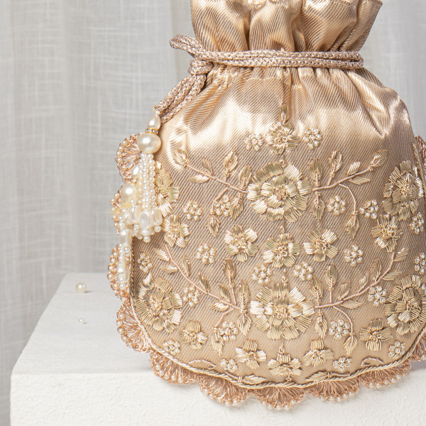 Rose Gold Hand-Embroidered Potli Bag | Rose Gold Wedding Purse