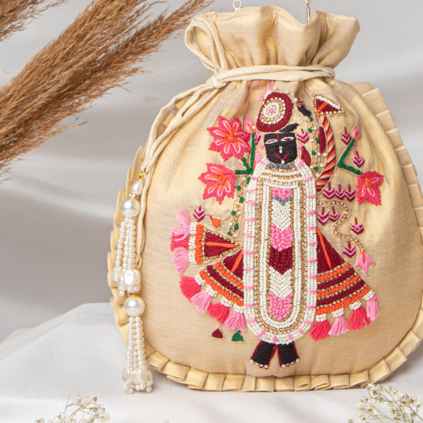 Tissue Gold Shrinath Ji Ethnic Potli Bag | Festive Wedding Wristlet in