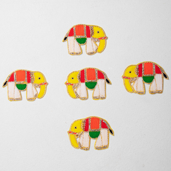 Handcrafted Multicolor Elephant Embroidery Patch | Premium Threadwork & Zardozi Applique for Ethnic Wear, Wedding Outfits & DIY Decoration | 7 cm x 9.7 cm(SET OF 6)