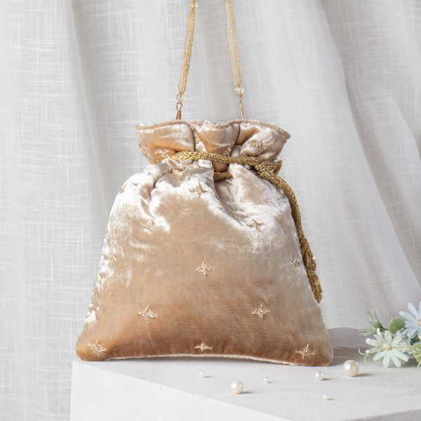Golden Zardozi Embroidered Velvet Lotus Potli Bag