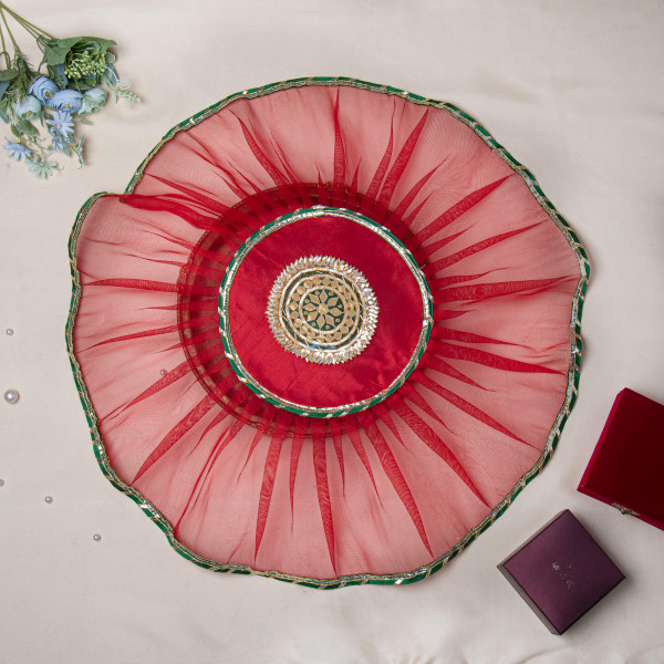 Rani Decorative Traditional Indian Gota Embellish Organza Thali Cover Pooja Thali | Handmade Aarti Thali Cover | Thaal Cover