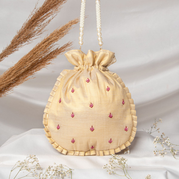 Tissue Gold Shrinath Ji Ethnic Potli Bag | Festive Wedding Wristlet in