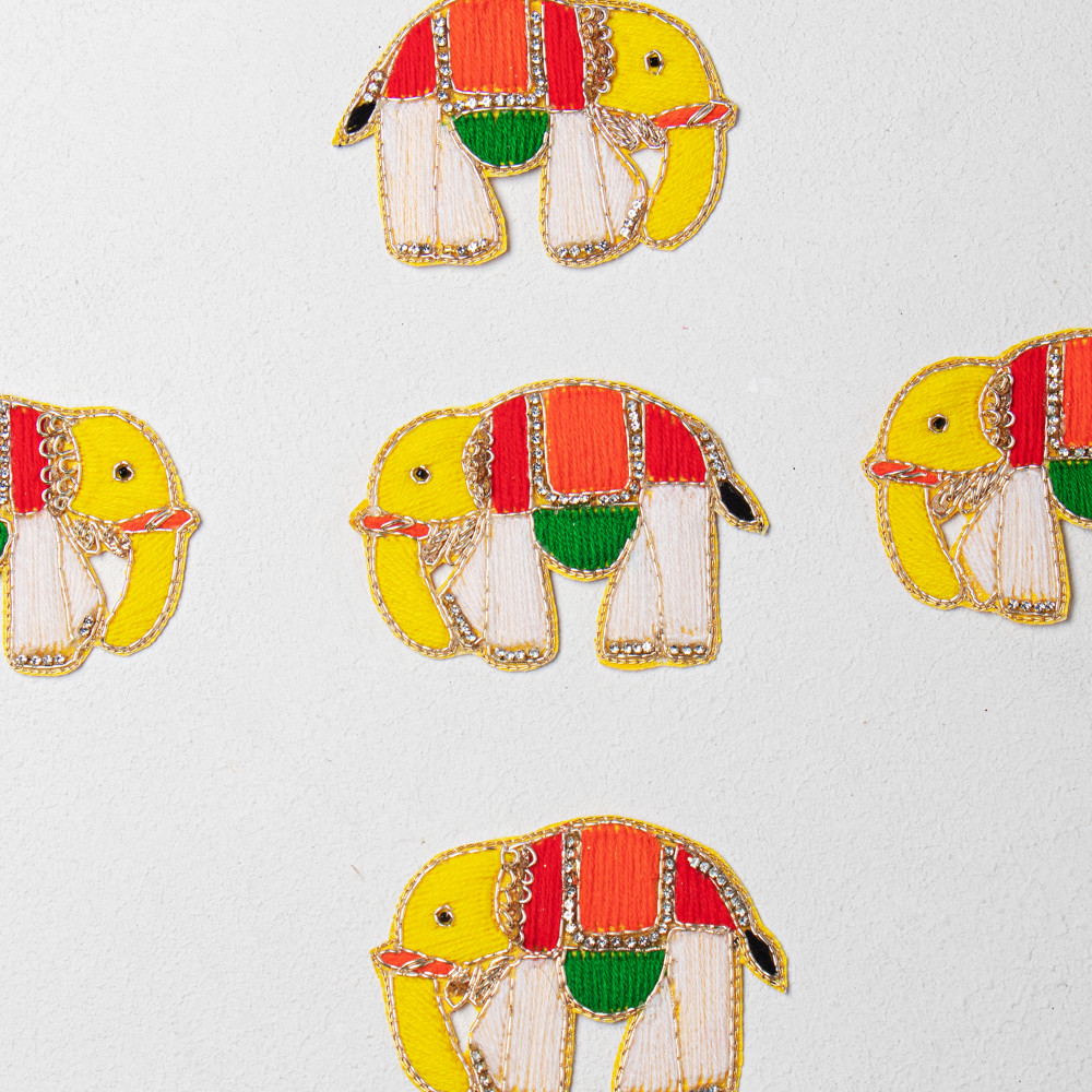 Image of Handcrafted Multicolor Elephant Embroidery Patch | Premium Threadwork &amp; Zardozi Applique for Ethnic Wear, Wedding Outfits &amp; DIY Decoration | 7 cm x 9.7 cm(SET OF 6)