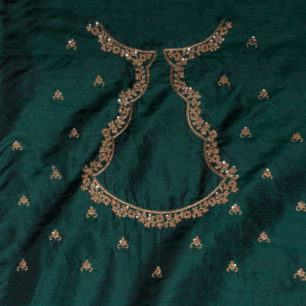 Bottle Green Silk Blouse Fabric with Hand Zardozi Embroidery (1 Meter)