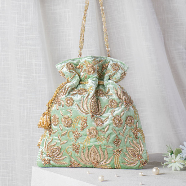Mint Green Zardozi Embroidered Velvet Lotus Potli Bag