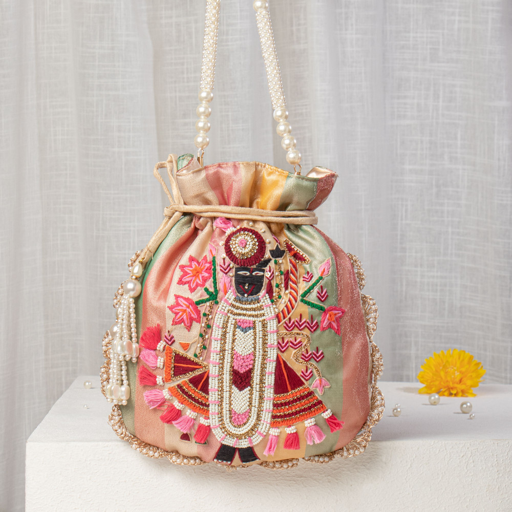 Image of Multicolor Satin Silk Hand-Embroidered Shrinathji Potli Bag with Pearl Handle &amp; Tassels