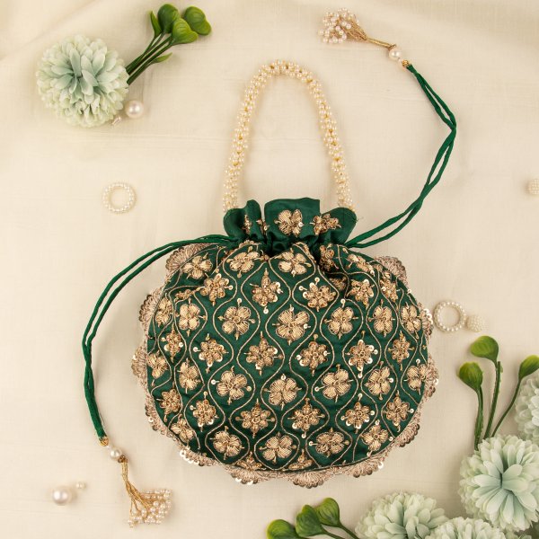 Indian Hand Crafted Zardozi Work Potli Bag With Beaded Chain For Women|| Evening Bags|| Embroidery Handbag